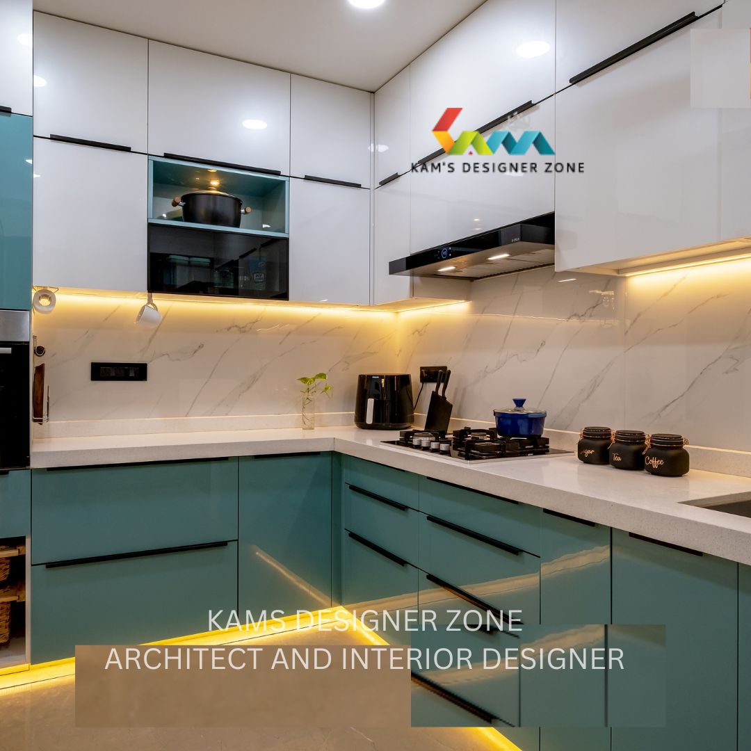 A Blue Modular Kitchen With Marble And Wood